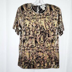 Retro 1980s Abstract Metallic Blouse Top S Gold Black Pink Shiny Party Glam